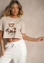 Beżowy Krótki T-shirt z Bawełną Ozdobiony Misiem Eladriel
