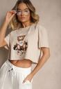 Beżowy Krótki T-shirt z Bawełną Ozdobiony Misiem Eladriel