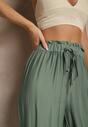 Ciemnozielone Spodnie High Waist o Szerokim Kroju z Wiązaniem Telisiela