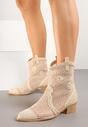 Jasnobeżowe Botki Kowbojki na Stożku ze Skórzaną Wkładką i Siateczkową Cholewką Frolozi