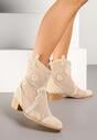 Jasnobeżowe Botki Kowbojki na Stożku ze Skórzaną Wkładką i Siateczkową Cholewką Frolozi