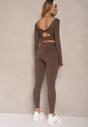 Brązowy Komplet Sportowy Legginsy High Waist i Longsleeve z Ozdobnym Tyłem Dasalle
