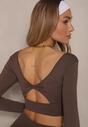 Brązowy Komplet Sportowy Legginsy High Waist i Longsleeve z Ozdobnym Tyłem Dasalle