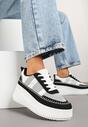 Czarno-Białe Sneakersy na Tłoczonej Platformie z Ozdobnymi Przeszyciami Faloviela