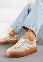 Beżowe Wężowe Sneakersy Typu Kultowe Tenisówki na Niskiej Platformie Olritia