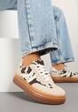 Beżowo-Brązowe Sneakersy Tenisówki Ozdobione Wzorem w Łaty Polliane