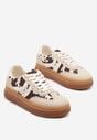 Beżowo-Brązowe Sneakersy Tenisówki Ozdobione Wzorem w Łaty Polliane