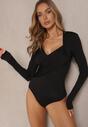 Czarne Eleganckie Body Longsleeve z Ozdobnym Marszczeniem Zimanya