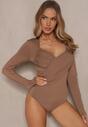 Brązowe Eleganckie Body Longsleeve z Ozdobnym Marszczeniem Zimanya