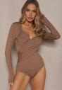Brązowe Eleganckie Body Longsleeve z Ozdobnym Marszczeniem Zimanya