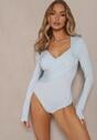 Jasnoniebieskie Eleganckie Body Longsleeve z Ozdobnym Marszczeniem Zimanya
