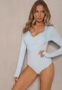 Jasnoniebieskie Eleganckie Body Longsleeve z Ozdobnym Marszczeniem Zimanya