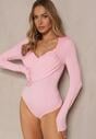 Różowe Eleganckie Body Longsleeve z Ozdobnym Marszczeniem Zimanya