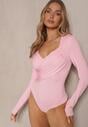 Różowe Eleganckie Body Longsleeve z Ozdobnym Marszczeniem Zimanya