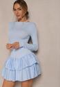 Niebieska Sukienka Longsleeve o Rozkloszowanym Kroju z Falbanką Reline