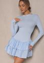 Niebieska Sukienka Longsleeve o Rozkloszowanym Kroju z Falbanką Reline