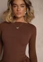Brązowa Sukienka Longsleeve o Rozkloszowanym Kroju z Falbanką Reline