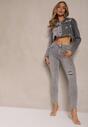 Jasnoszare Jeansy o Fasonie Skinny High Waist z Ozdobnymi Przetarciami Lililiane