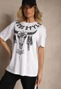 Biała Koszulka T-shirt Bawełniany z Ozdobnym Nadrukiem Napene