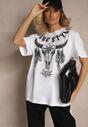 Biała Koszulka T-shirt Bawełniany z Ozdobnym Nadrukiem Napene