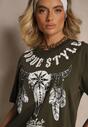 Ciemnobeżowa Koszulka T-shirt Bawełniany z Ozdobnym Nadrukiem Napene