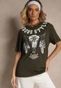 Ciemnobeżowa Koszulka T-shirt Bawełniany z Ozdobnym Nadrukiem Napene