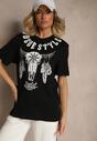 Czarna Koszulka T-shirt Bawełniany z Ozdobnym Nadrukiem Napene