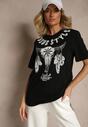 Czarna Koszulka T-shirt Bawełniany z Ozdobnym Nadrukiem Napene