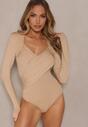 Beżowe Eleganckie Body Longsleeve z Ozdobnym Marszczeniem Zimanya