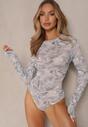 Szare Body Longsleeve z Siateczki z Wiskozą w Abstrakcyjny Print Zeilira