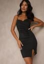 Czarna Sukienka Bodycon Ozdobiona Rozcięciem na Nogę Lunitera