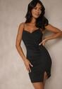 Czarna Sukienka Bodycon Ozdobiona Rozcięciem na Nogę Lunitera