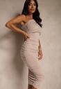 Beżowa Koktajlowa Marszczona Sukienka Bodycon na Jedno Ramię Erkellia