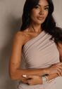 Beżowa Koktajlowa Marszczona Sukienka Bodycon na Jedno Ramię Erkellia