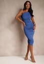 Niebieska Koktajlowa Marszczona Sukienka Bodycon na Jedno Ramię Erkellia