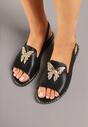 Czarne Sandały Slingback ze Skórzaną Wkładką i Cyrkoniową Aplikacją z Motylem Idirane