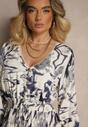Niebieska Rozkloszowana Sukienka z Wiskozy w Abstrakcyjny Wzór z Gumką w Pasie Felpio