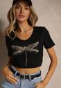 Czarny T-shirt z Bawełny Ozdobiony Cyrkoniową Ważką Ulioretia