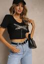 Czarny T-shirt z Bawełny Ozdobiony Cyrkoniową Ważką Ulioretia