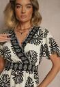 Beżowo-Czarna Sukienka w Print Boho z Wiskozy Rozkloszowana z Dekoltem V Palarina