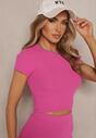 Ciemnoróżowy Krótki T-shirt z Prążkowanej Tkaniny Teloma