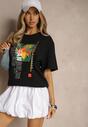 Czarna Koszulka T-shirt z Bawełny Zdobiona Oryginalnym Nadrukiem Savindrae