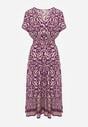 Ciemnofioletowa Sukienka z Bawełny z Trójkątnym Dekoltem i Gumką w Talii Zapinana na Guziki Lavlea