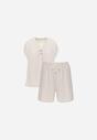Beżowy Komplet z Wiskozą T-shirt z Ozdobnymi Guzikami i Szorty Niterela