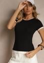 Czarny Dopasowany T-shirt z Domieszką Lnu Sallietia