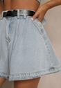 Jasnoniebieskie Szorty z Bawełny High Waist Ozdobione Paskiem Saromine