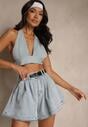 Jasnoniebieskie Szorty z Bawełny High Waist Ozdobione Paskiem Saromine