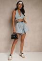 Jasnoniebieskie Szorty z Bawełny High Waist Ozdobione Paskiem Saromine