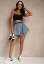 Niebieskie Szorty z Bawełny High Waist Ozdobione Paskiem Saromine