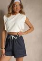 Granatowe Szorty High Waist z Wiskozą o Klasycznym Kroju z Kieszeniami i Wiązaniem Raletta
